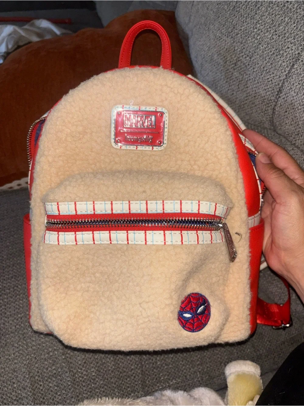 Marvel Kids Cream and Red Sherpa Backpack with Spider-Man Patch loungefly